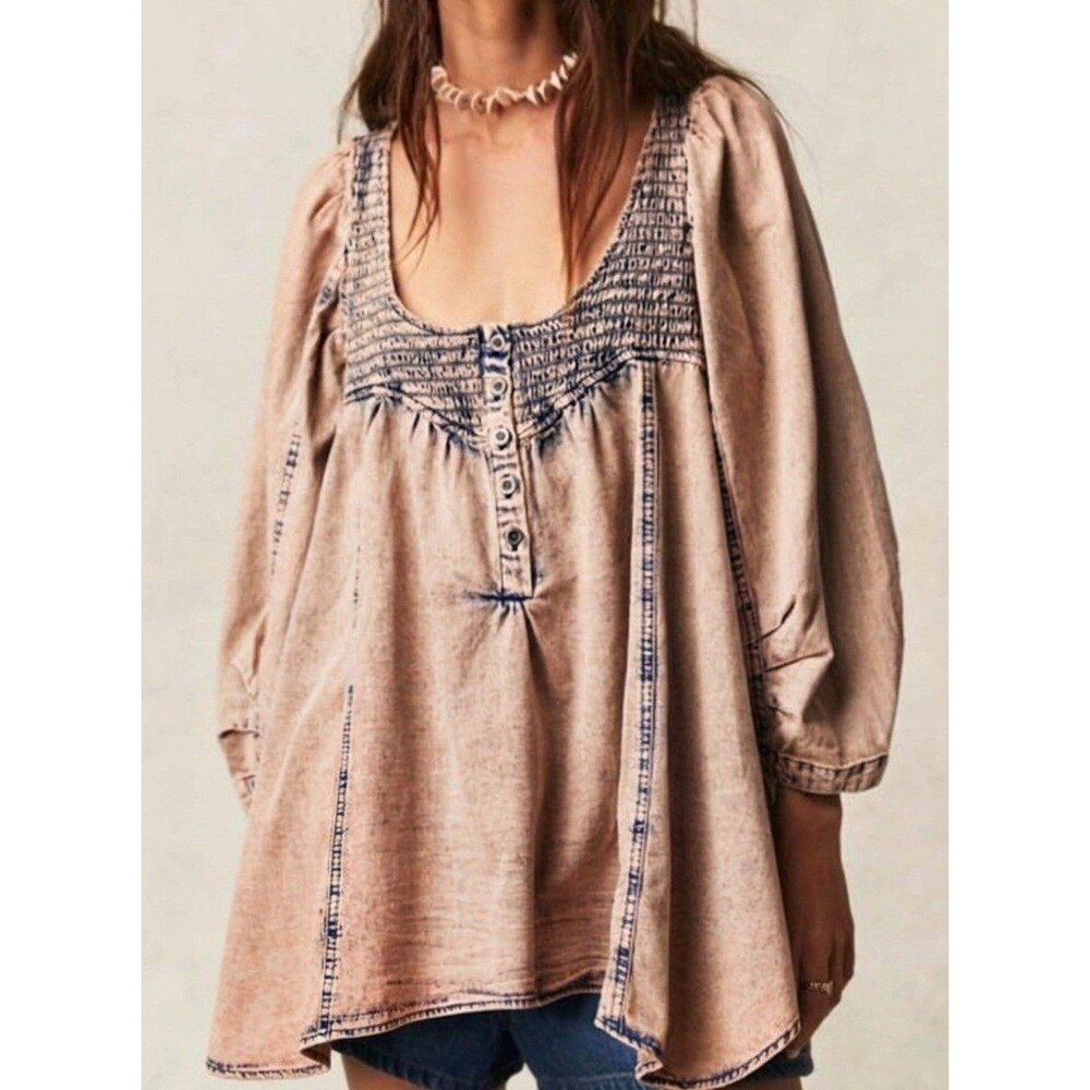 Free People Smock Acid Wash Denim Tunic Top Oversize XS Peach Boho Grunge